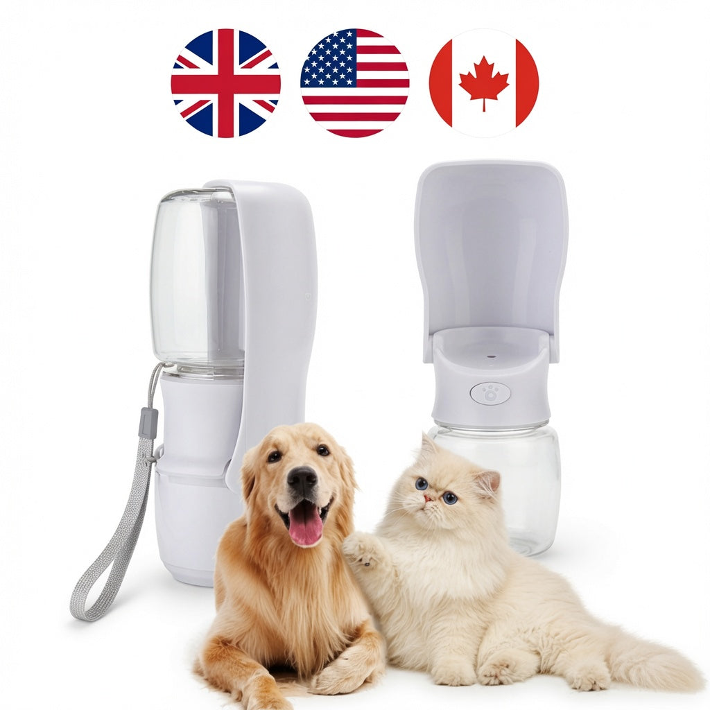 Pet water bottle foldable dispenser with two pets and national flags on a white background