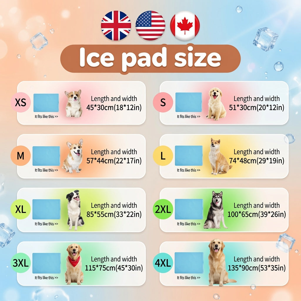 Size guide chart for pet cooling mats showing dimensions from XS to 4XL for various dog breeds.